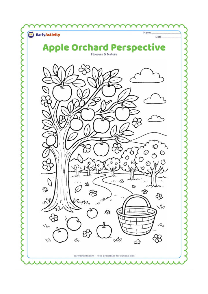 Colouring page: Draw a foreground apple tree with detailed bark and fruit, rows of smaller apple trees receding into the distance, a winding path, a wooden basket, and distant hills. Include scattered…