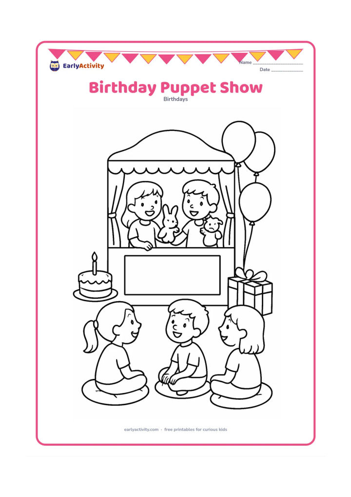 Colouring page: At a home birthday party, two children operate simple hand puppets behind a small puppet theatre while friends watch from cushions. Place a cake, gifts and balloons around the theatre,…