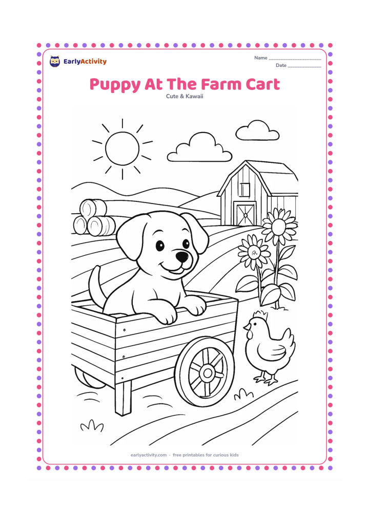 Colouring page: A playful puppy rests its paws on a wooden farm cart while looking toward a field. Include hay bundles, a chicken, sunflowers, a barn-like shed and rolling farmland.