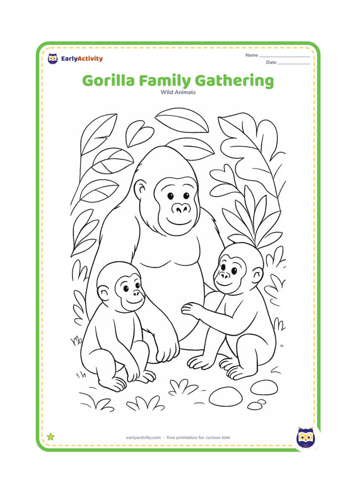 Colouring page: A gentle adult gorilla sits with two smaller gorillas in a leafy forest clearing, with one youngster touching the adult's arm. Add broad leaves, low plants, and a few smooth stones.