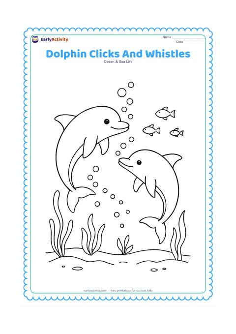Colouring page: Draw one dolphin swimming toward another while curved bubble trails and small grouped bubbles suggest communication between them. Add sea plants, a sandy bottom, and a few fish in the…