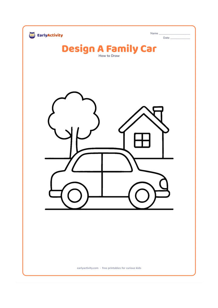 Worksheet: Show a large blank-bodied car with a basic roof, wheels and empty windows, parked on a road beside a tree and a small house. Leave the doors, decorations and interior areas open for…
