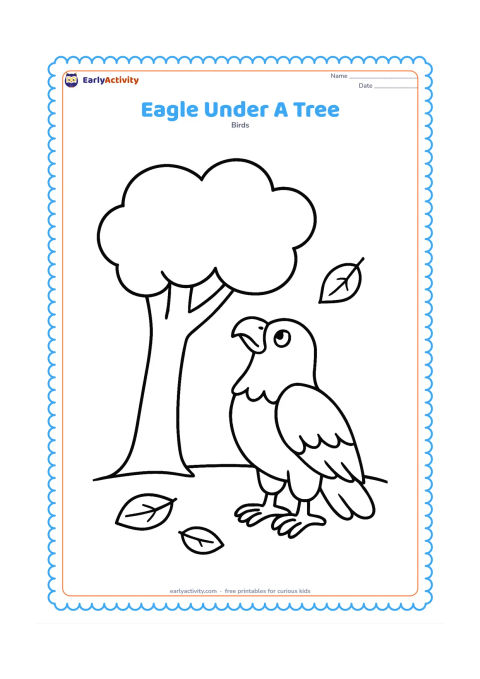 Colouring page: Draw an eagle standing beneath one broad-canopied tree, looking upward at a single leaf. Add a simple ground line and two fallen leaves.