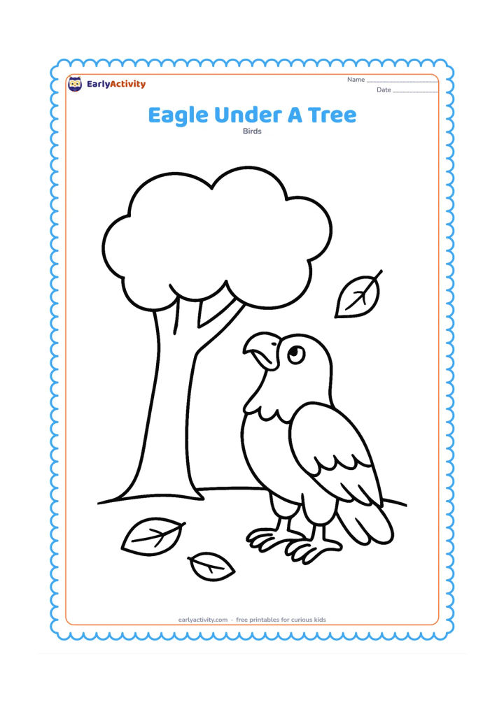 Colouring page: Draw an eagle standing beneath one broad-canopied tree, looking upward at a single leaf. Add a simple ground line and two fallen leaves.