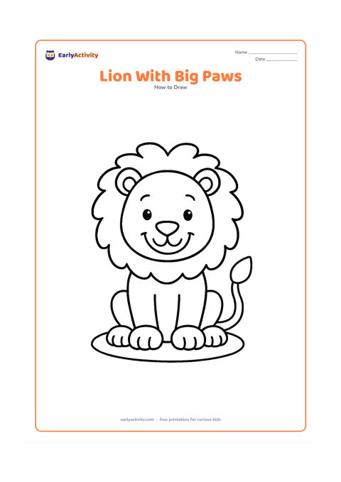Worksheet: Draw a cheerful sitting lion facing forward, with an oversized head, broad mane, two large front paws and a simple curved tail beside the body. Place the lion on a small oval patch of…