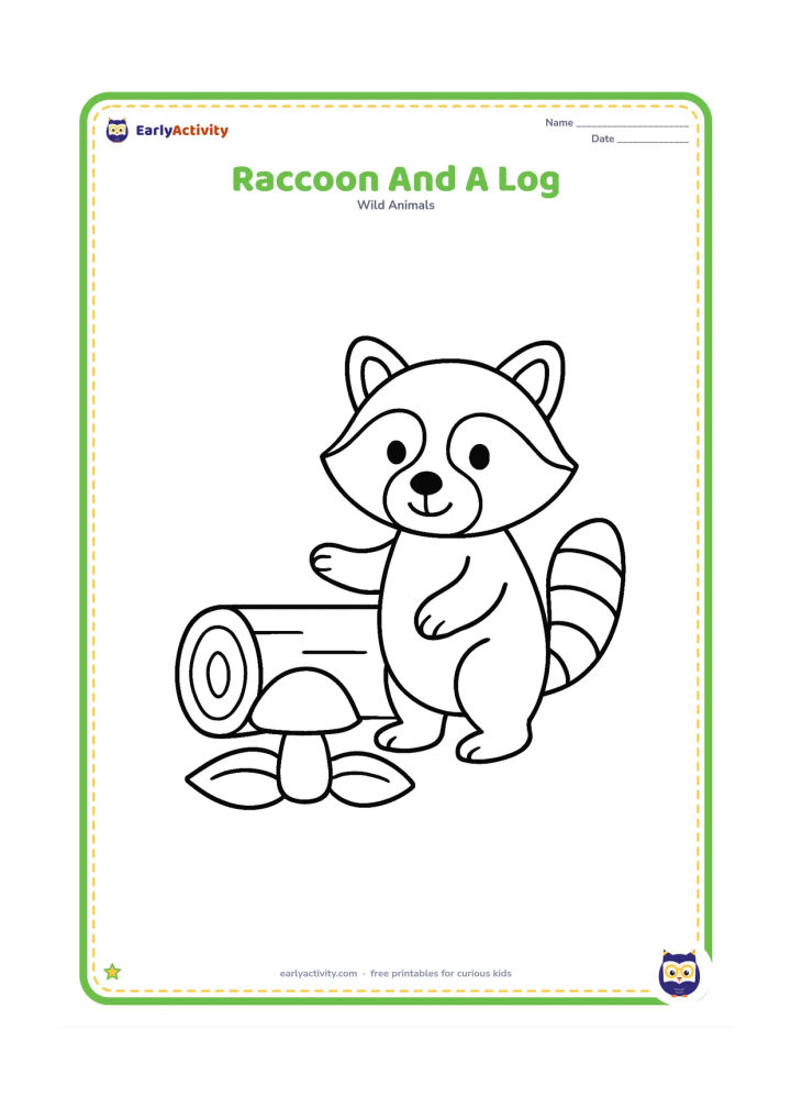 Colouring page: Draw a raccoon standing beside a short fallen log, lifting one front paw toward it. Add one large mushroom and two wide leaves near the log.