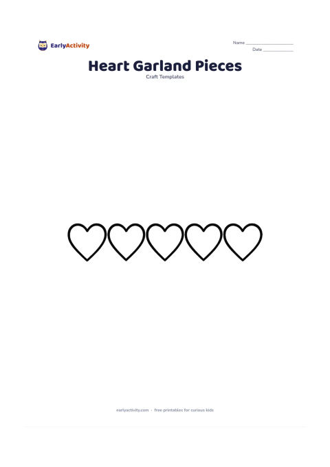 Worksheet: Arrange five large, identical heart outlines in a horizontal row with small gaps between them, like pieces ready for a paper garland. Keep every heart empty and easy to cut out.