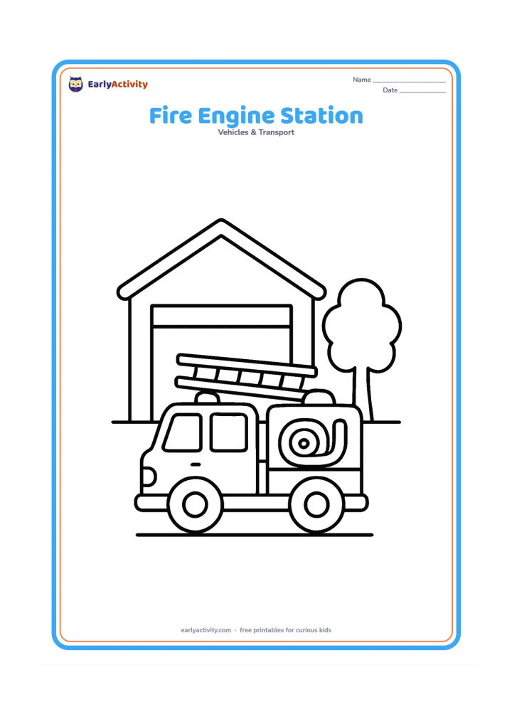 Colouring page: A fire engine is parked outside a simple fire station with a wide doorway and a small tree. Include a hose reel and ladder as clear, large shapes, but no emblem or writing.