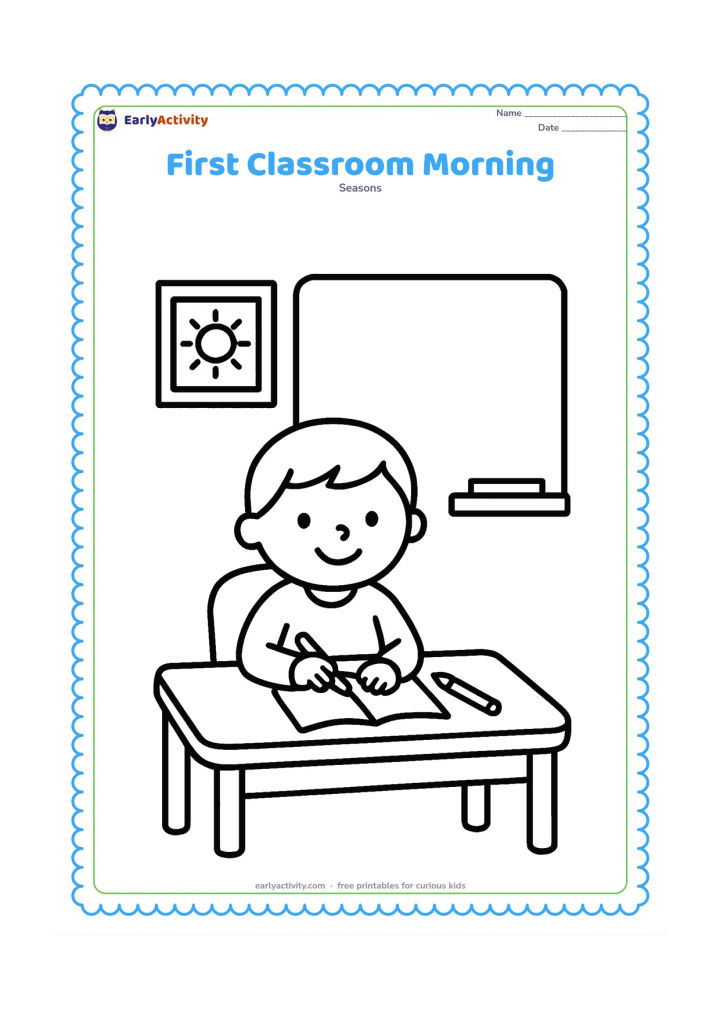 Colouring page: A smiling child sits at one large desk facing a blank board, with a book and pencil on the desk. Add a window with a sun and one simple shelf in the background.