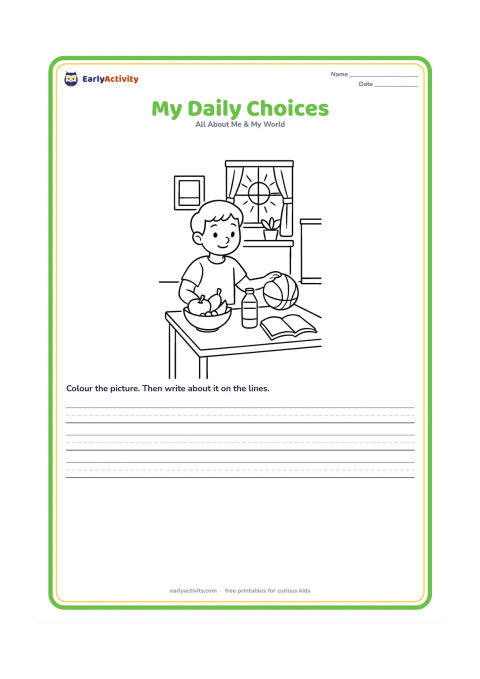 Worksheet: A child stands at a table choosing between healthy everyday options: fruit and water, a ball for play and a book for quiet time. Include a window showing morning light and a tidy home…