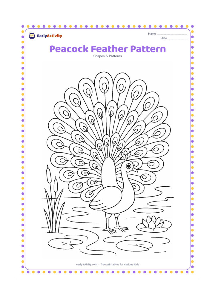 Colouring page: Draw a peacock standing beside a pond, with its raised tail spread into many repeating feather shapes and eye-like ovals. Add reeds, lotus leaves, gentle ripples, and a few open spaces…