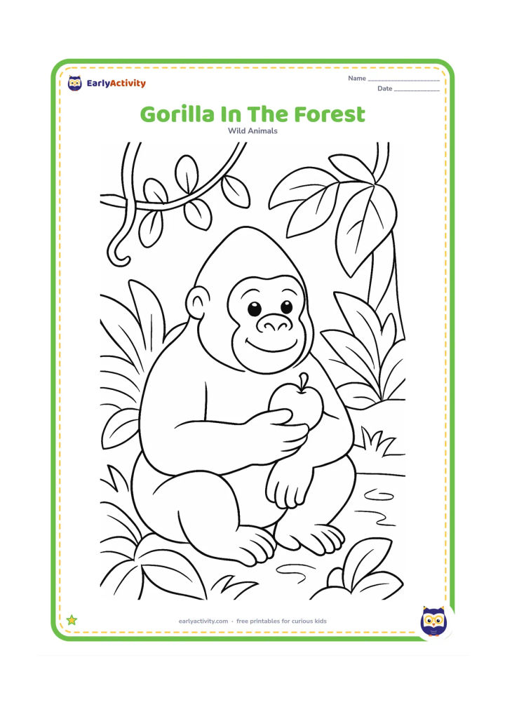 Colouring page: Draw a gentle gorilla seated among large tropical leaves, holding a piece of fruit. Add vines, broad leaves and a small pool behind it.
