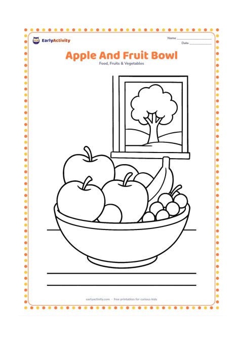 Colouring page: Draw a large bowl containing several apples, with one banana and a few grapes arranged behind them. Add a simple kitchen table and a window showing a tree outside.