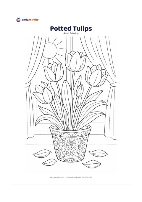 Colouring page: Draw a large flowerpot holding several tulips at different heights, with broad leaves and a few loose petals on the surface below. Add a simple sunny windowsill and soft curtains in the…