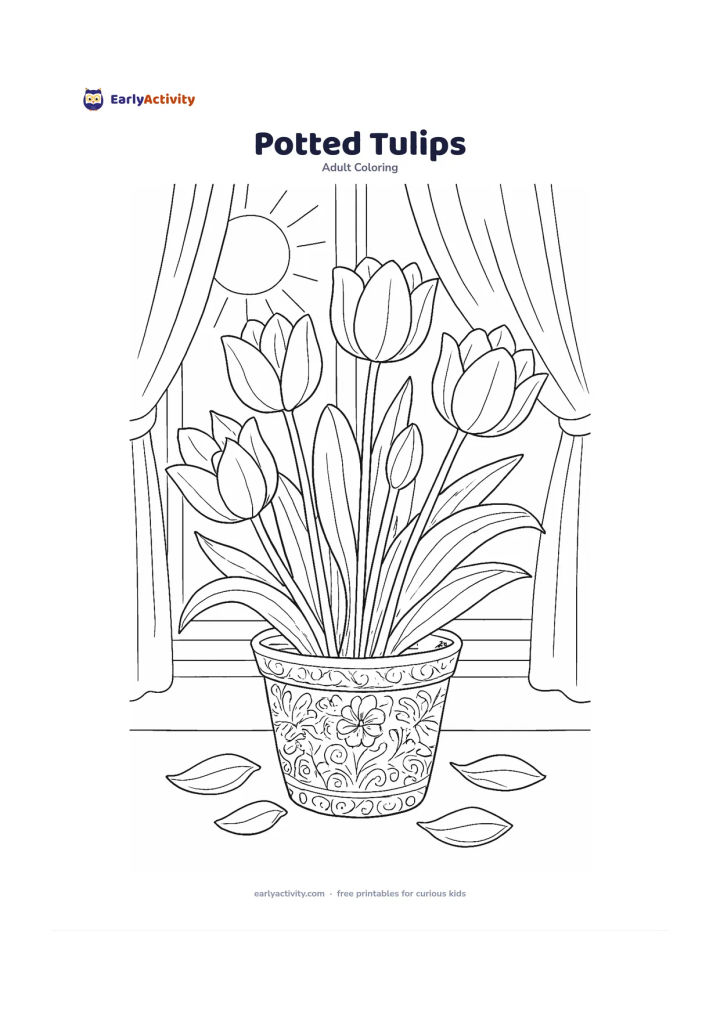 Colouring page: Draw a large flowerpot holding several tulips at different heights, with broad leaves and a few loose petals on the surface below. Add a simple sunny windowsill and soft curtains in the…