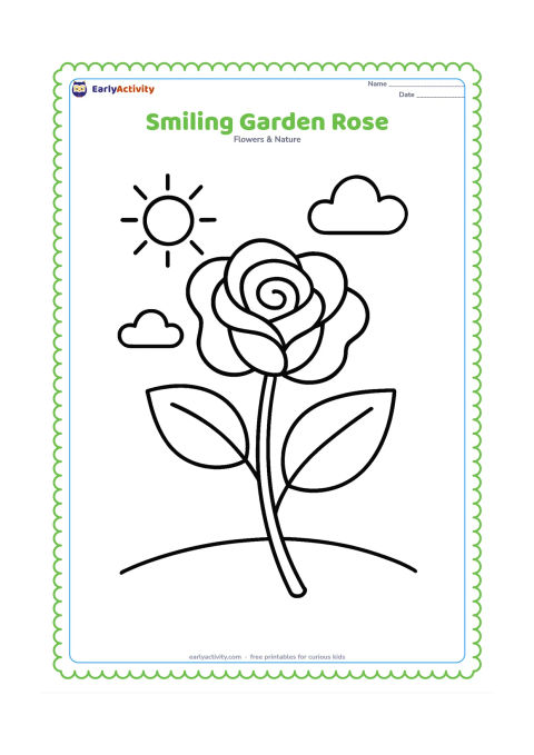 Colouring page: Draw one large rose bloom beside two oversized leaves and a curved stem, with a sun, two clouds, and a small patch of ground behind it.