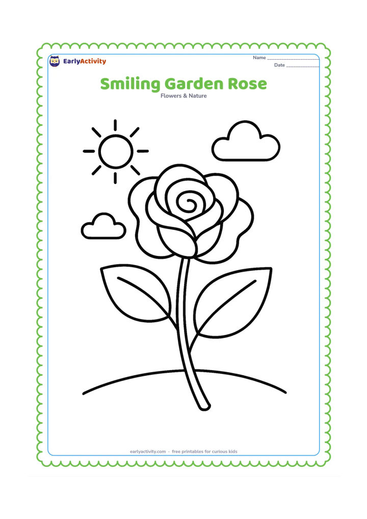 Colouring page: Draw one large rose bloom beside two oversized leaves and a curved stem, with a sun, two clouds, and a small patch of ground behind it.