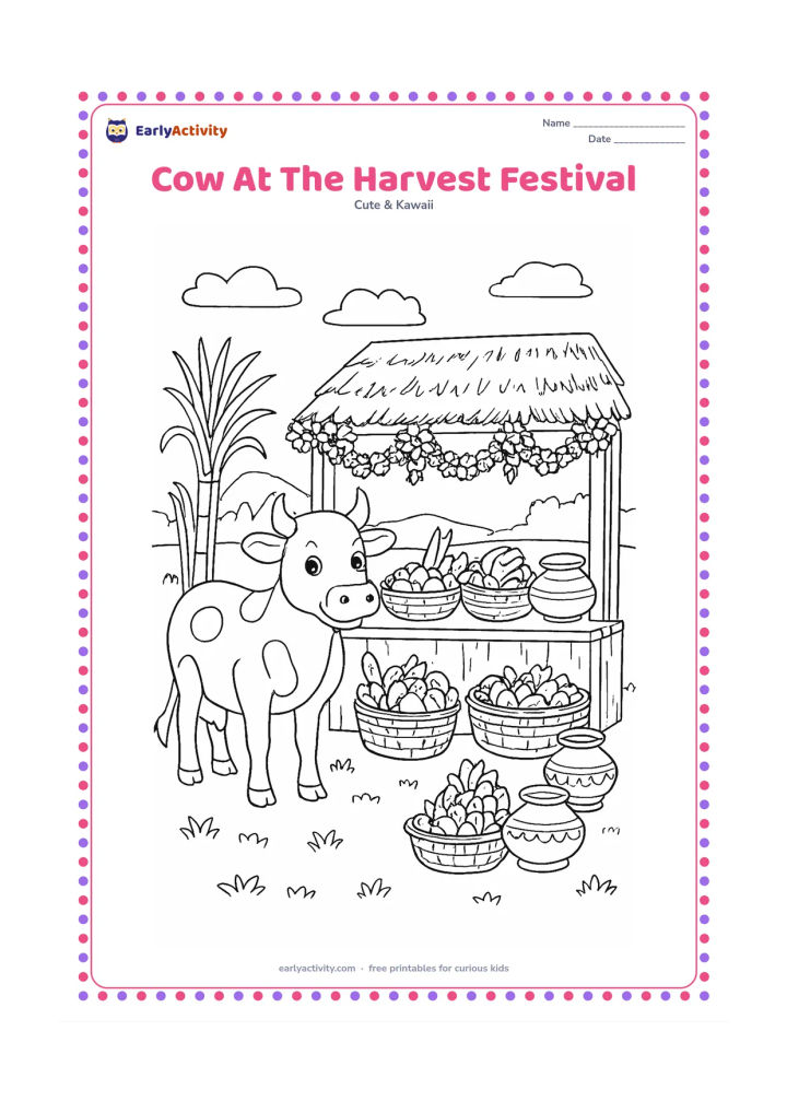 Colouring page: A friendly cow stands beside a decorated farm stall during an Indian harvest celebration. Include baskets of produce, sugarcane, flower garlands, clay pots and a simple village backdrop,…
