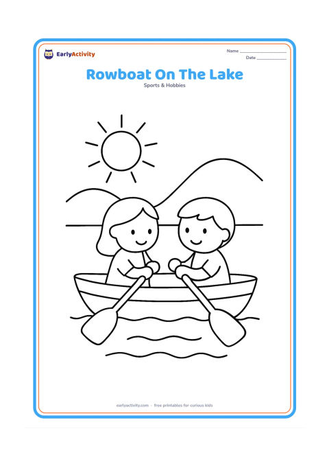 Colouring page: Two children row a small boat together on a calm lake, with wide oars, gentle waves, a sun and rounded hills. Show both rowers facing the same direction in a simple teamwork scene.