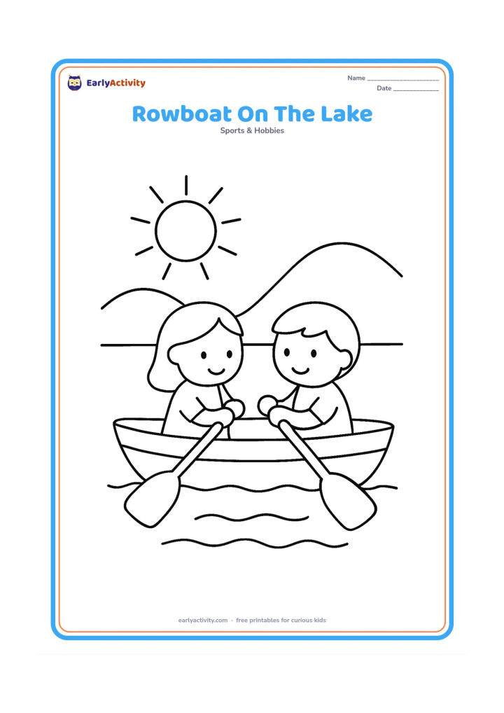 Colouring page: Two children row a small boat together on a calm lake, with wide oars, gentle waves, a sun and rounded hills. Show both rowers facing the same direction in a simple teamwork scene.