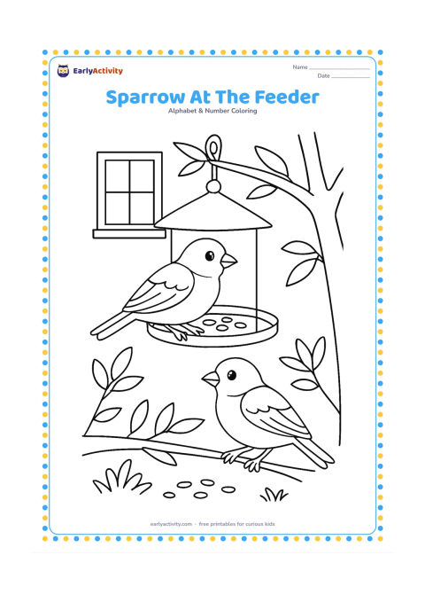 Colouring page: A sparrow perches on a small hanging bird feeder in a garden, with a second sparrow on a low branch, leaves, seed shapes and a distant window. Keep the birds friendly and recognisable…