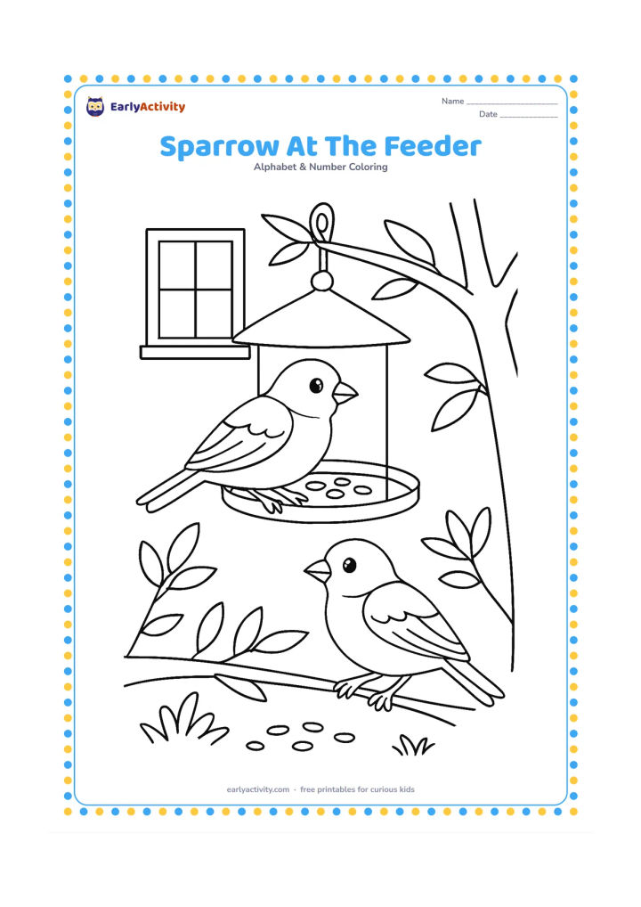 Colouring page: A sparrow perches on a small hanging bird feeder in a garden, with a second sparrow on a low branch, leaves, seed shapes and a distant window. Keep the birds friendly and recognisable…
