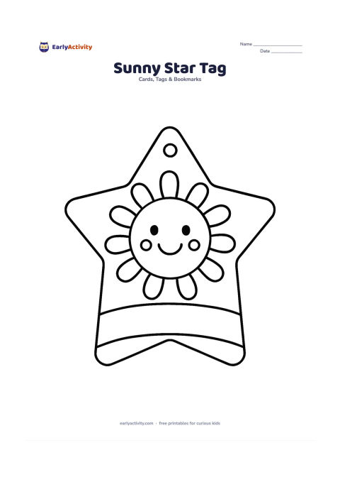 Worksheet: Draw a large five-point star-shaped gift tag with a smiling sun face in the centre and a wide blank curved panel across the bottom point for a name. Add a small hole above the top point.