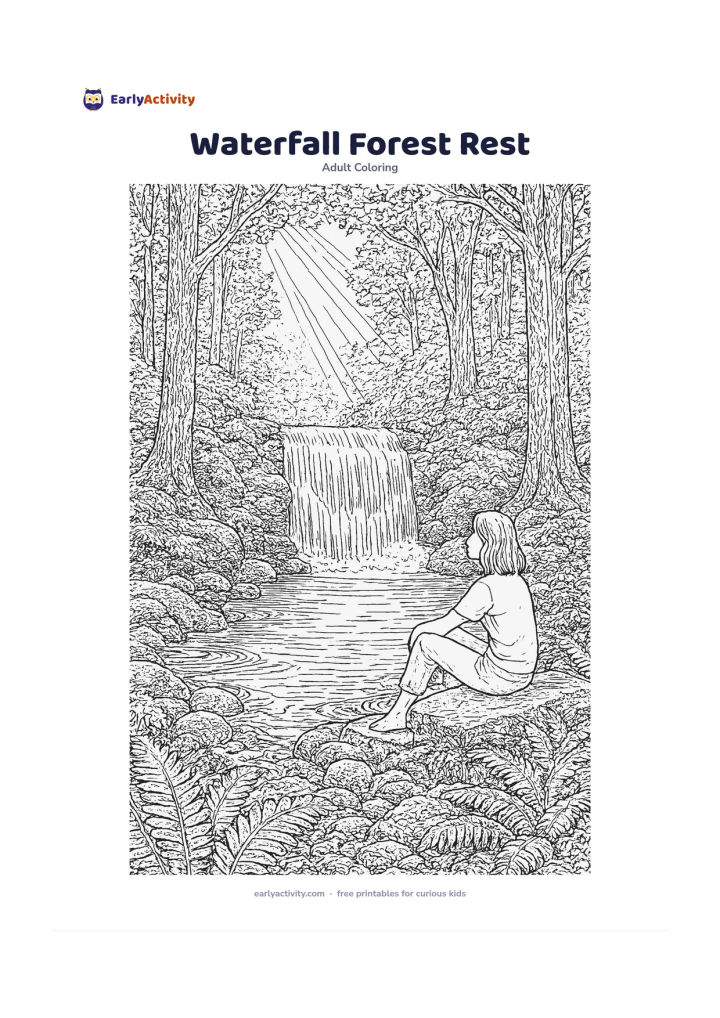 Colouring page: A person sitting on a flat rock beside a gentle waterfall, surrounded by moss, ferns, smooth stones and tall trees. Show layered falling water, a shallow pool with ripples and sunbeams…