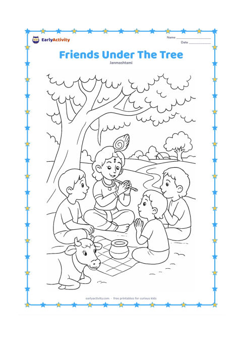 Colouring page: Draw Krishna and three friends sitting beneath a broad banyan tree, listening as Krishna holds his flute. Add a cow, a picnic cloth, a butter pot, and a distant village path.