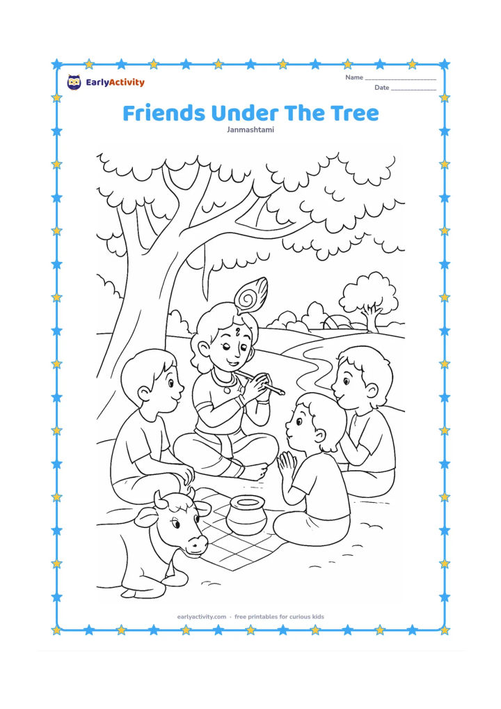 Colouring page: Draw Krishna and three friends sitting beneath a broad banyan tree, listening as Krishna holds his flute. Add a cow, a picnic cloth, a butter pot, and a distant village path.