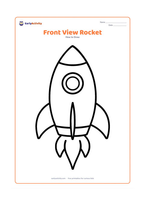 Worksheet: A large front-facing rocket built from an oval body, triangle nose, two matching fins, a round window and three curved flame shapes. Centre it on a blank page with no background objects,…