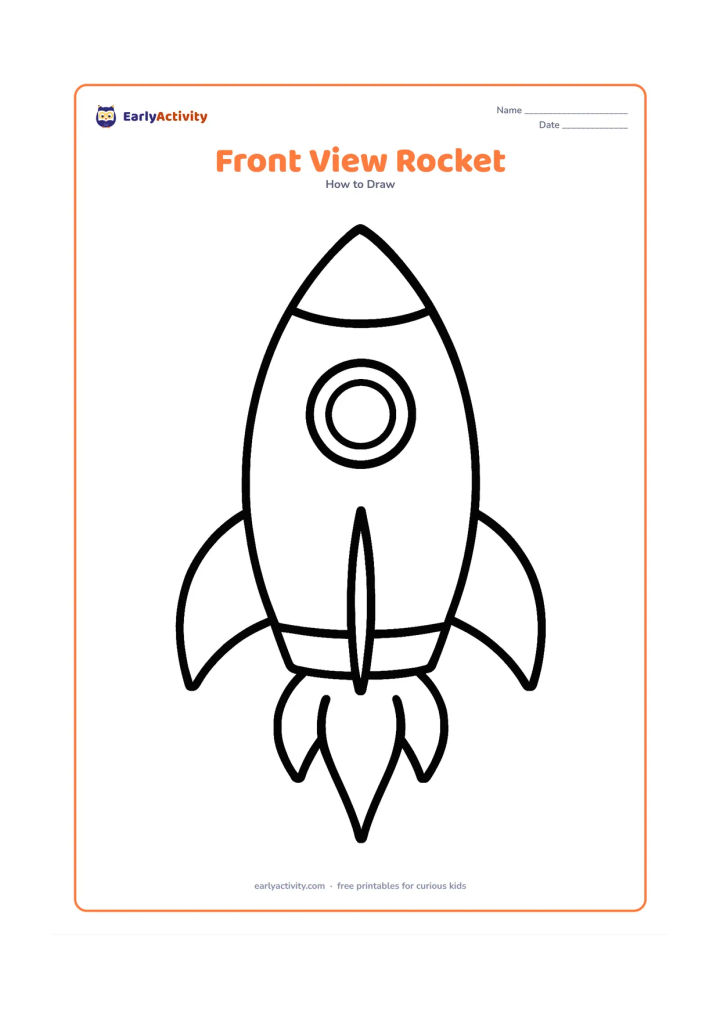 Worksheet: A large front-facing rocket built from an oval body, triangle nose, two matching fins, a round window and three curved flame shapes. Centre it on a blank page with no background objects,…