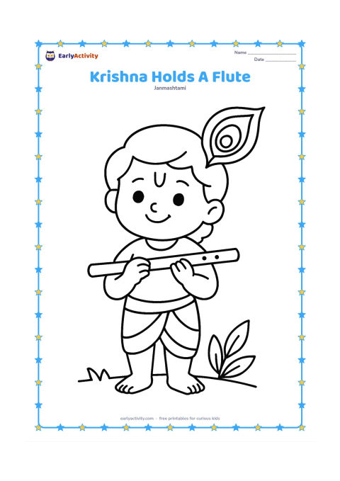 Colouring page: Draw a smiling young Krishna standing and holding a flute with both hands. Add one large peacock feather beside him and a simple leafy ground line.