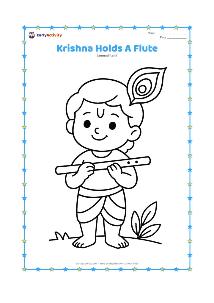 Colouring page: Draw a smiling young Krishna standing and holding a flute with both hands. Add one large peacock feather beside him and a simple leafy ground line.
