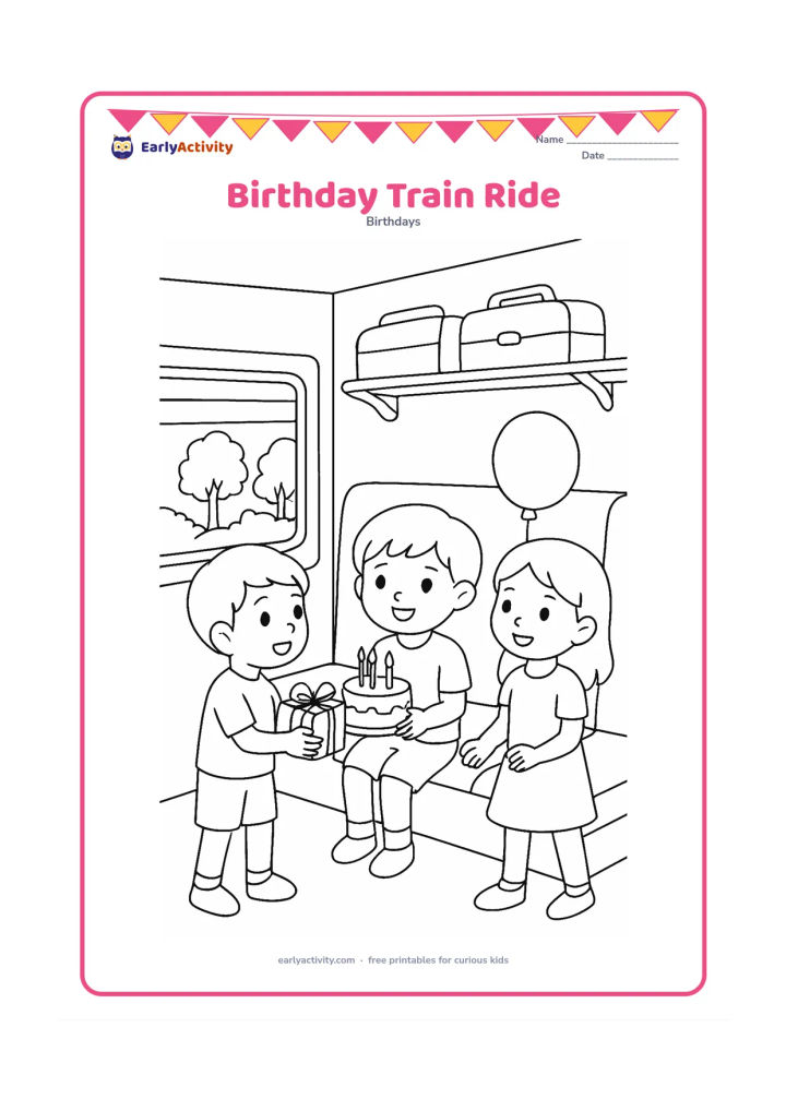 Colouring page: Inside an Indian train compartment, a child holds a small cake while two friends offer a wrapped gift and a balloon. Show a window with simple passing trees, seats, a luggage rack and a…
