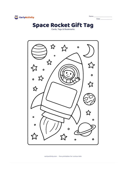 Worksheet: Draw a rocket-shaped gift tag travelling past planets, stars and a crescent moon, with a smiling astronaut waving from a round window. Place a large blank panel on the rocket body and a…