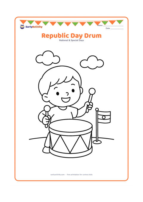 Colouring page: Draw a child happily playing a large parade drum with two drumsticks, with a small Indian flag on a stand beside the child. Add two simple clouds and a ground line.