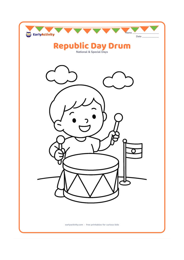 Colouring page: Draw a child happily playing a large parade drum with two drumsticks, with a small Indian flag on a stand beside the child. Add two simple clouds and a ground line.