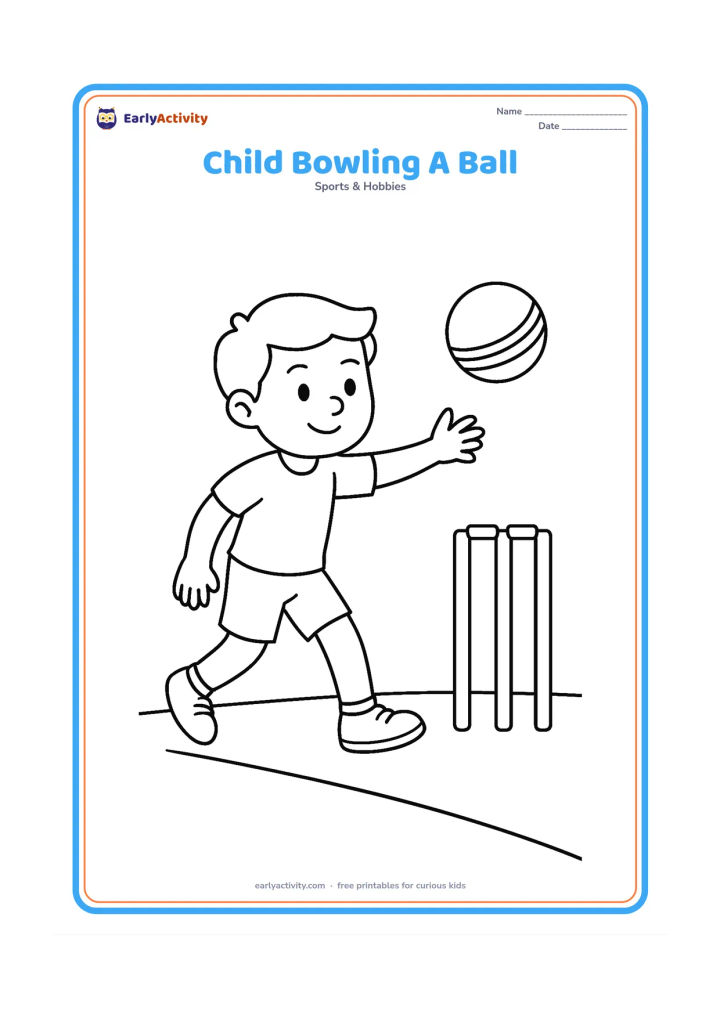 Colouring page: A young bowler taking one clear step forward with an arm extended toward the wickets. Show a large ball in the air and a simple pitch beneath.