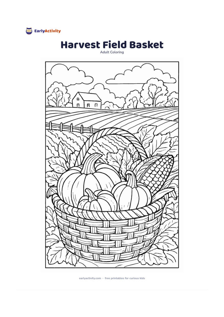 Colouring page: A woven basket filled with pumpkins, gourds, corn and leafy vegetables rests at the edge of a harvest field, with rows of crops, a farmhouse silhouette and trees beyond. Separate the…