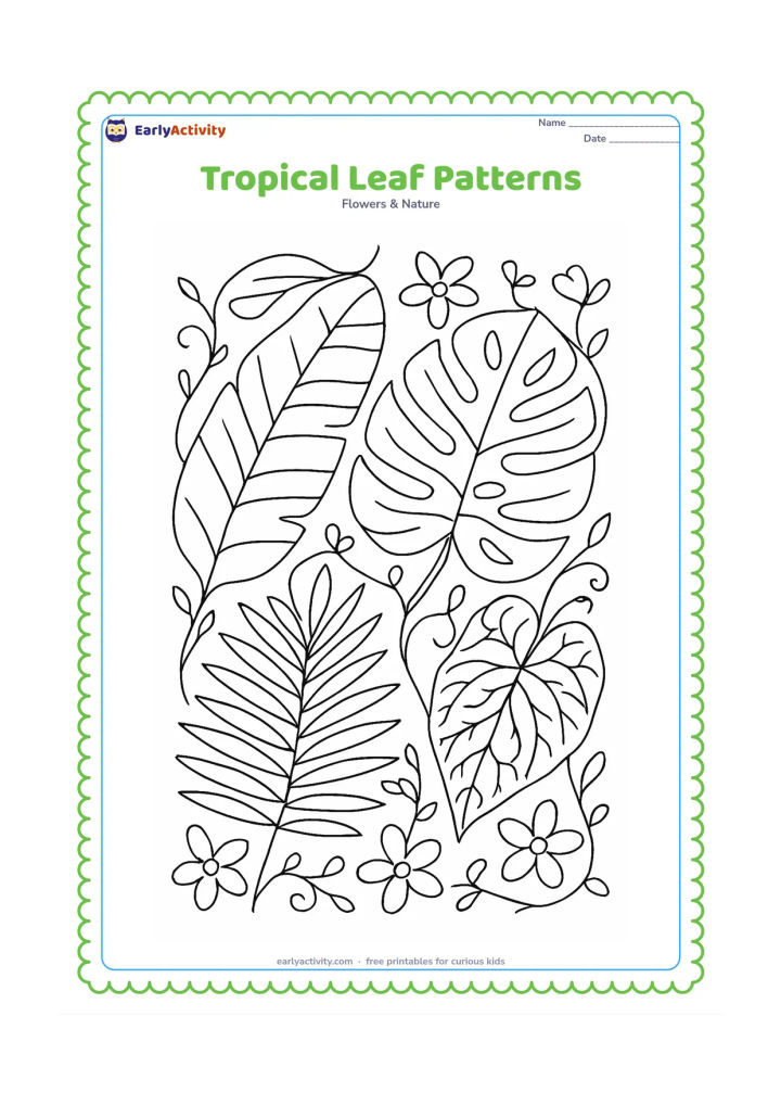 Colouring page: A close nature scene combines a banana leaf, monstera-like split leaf, palm frond and patterned caladium leaf among vines and small flowers.