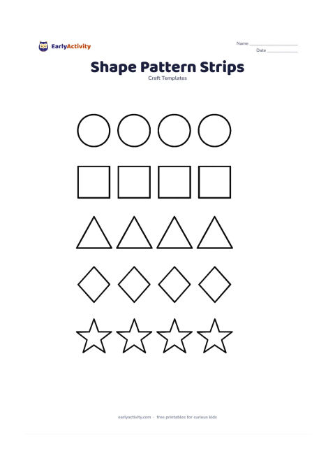 Worksheet: Create several horizontal strips filled with repeating outlines of circles, squares, triangles, diamonds and stars, with each strip using one clear repeating pattern. Leave generous…
