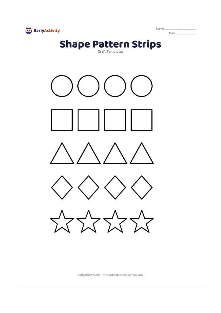 Worksheet: Create several horizontal strips filled with repeating outlines of circles, squares, triangles, diamonds and stars, with each strip using one clear repeating pattern. Leave generous…