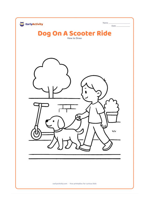 Worksheet: Show blank, unlabeled stages for a child walking a dog beside a parked kick scooter on a neighborhood lane, adding a low wall, tree and potted plant. The dog should be on a simple leash…
