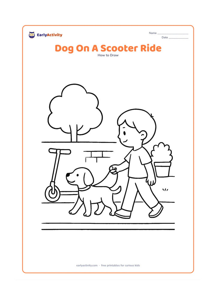 Worksheet: Show blank, unlabeled stages for a child walking a dog beside a parked kick scooter on a neighborhood lane, adding a low wall, tree and potted plant. The dog should be on a simple leash…