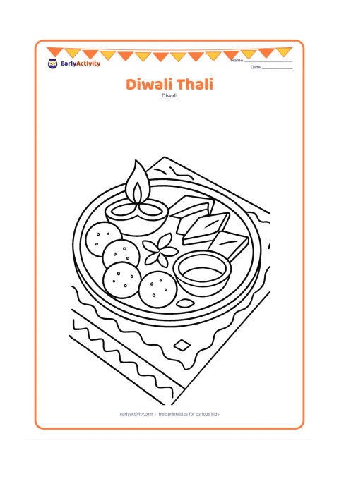 Colouring page: Draw a festive thali containing a diya, round laddus, diamond-shaped barfi, flower petals, and a small bowl. Place the tray on a patterned cloth with a simple border.
