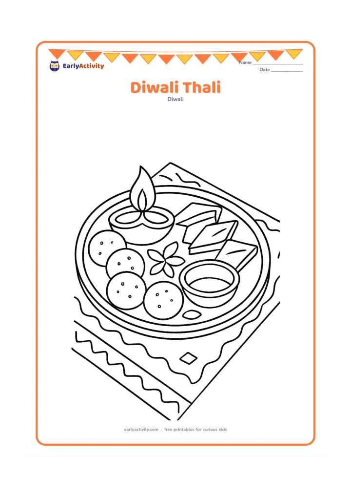 Colouring page: Draw a festive thali containing a diya, round laddus, diamond-shaped barfi, flower petals, and a small bowl. Place the tray on a patterned cloth with a simple border.