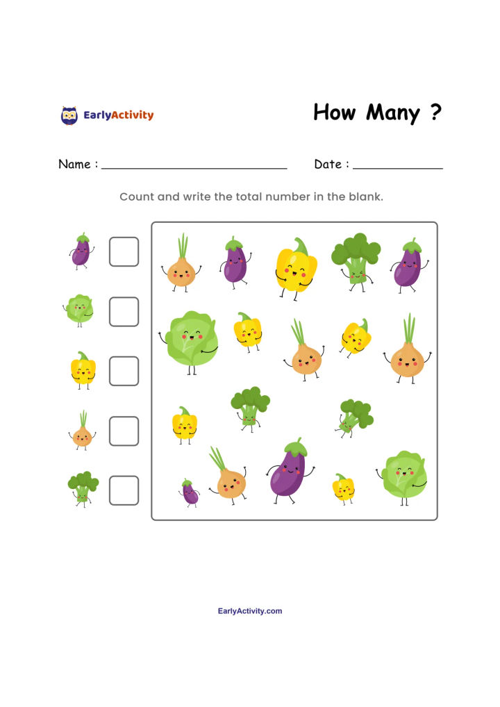 Counting worksheet with groups of eggplants, carrots, yellow vegetables, broccoli and leafy greens to count and record.