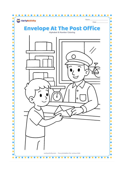 Colouring page: Draw a child handing a completely blank envelope to a friendly postal worker across a counter. Add shelves with blank parcels, a weighing scale, a window and a bicycle outside, with no…