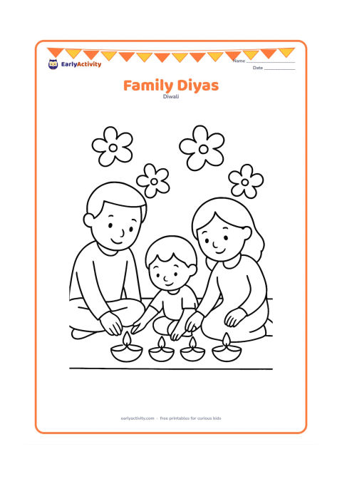Colouring page: Two adults and one child sit together on a floor mat, each placing a large diya in a neat row. Include a plain wall and a few large flower shapes.